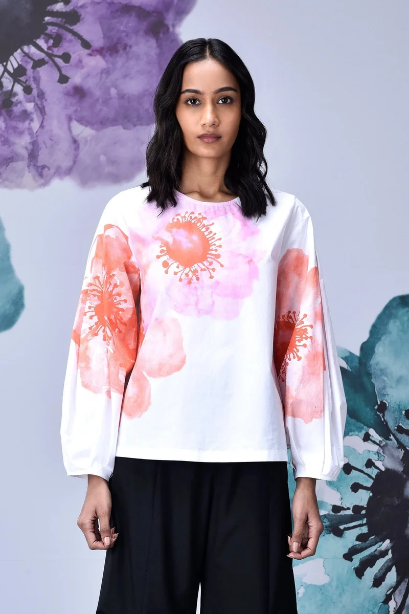 Genes Lecoanet Hemant Anemone Flower Regular Fit Top- White Coral